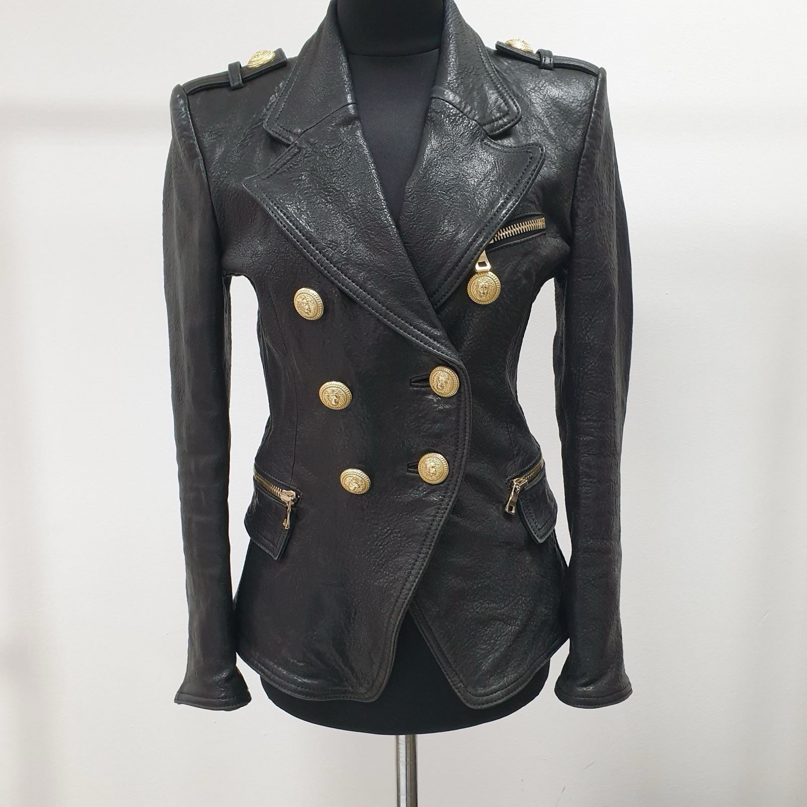 BALMAIN Black Grained Leather Double-Breasted Jacket Sz.38