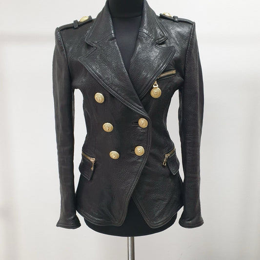 BALMAIN Black Grained Leather Double-Breasted Jacket Sz.38