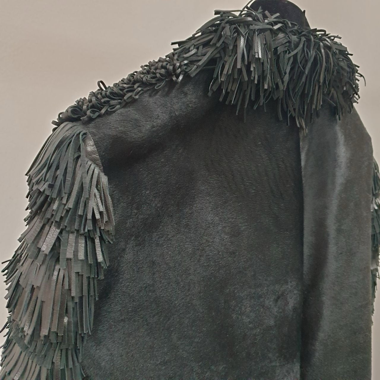 Fendi  Black Leather Fringe and Loops Coat Sz.42