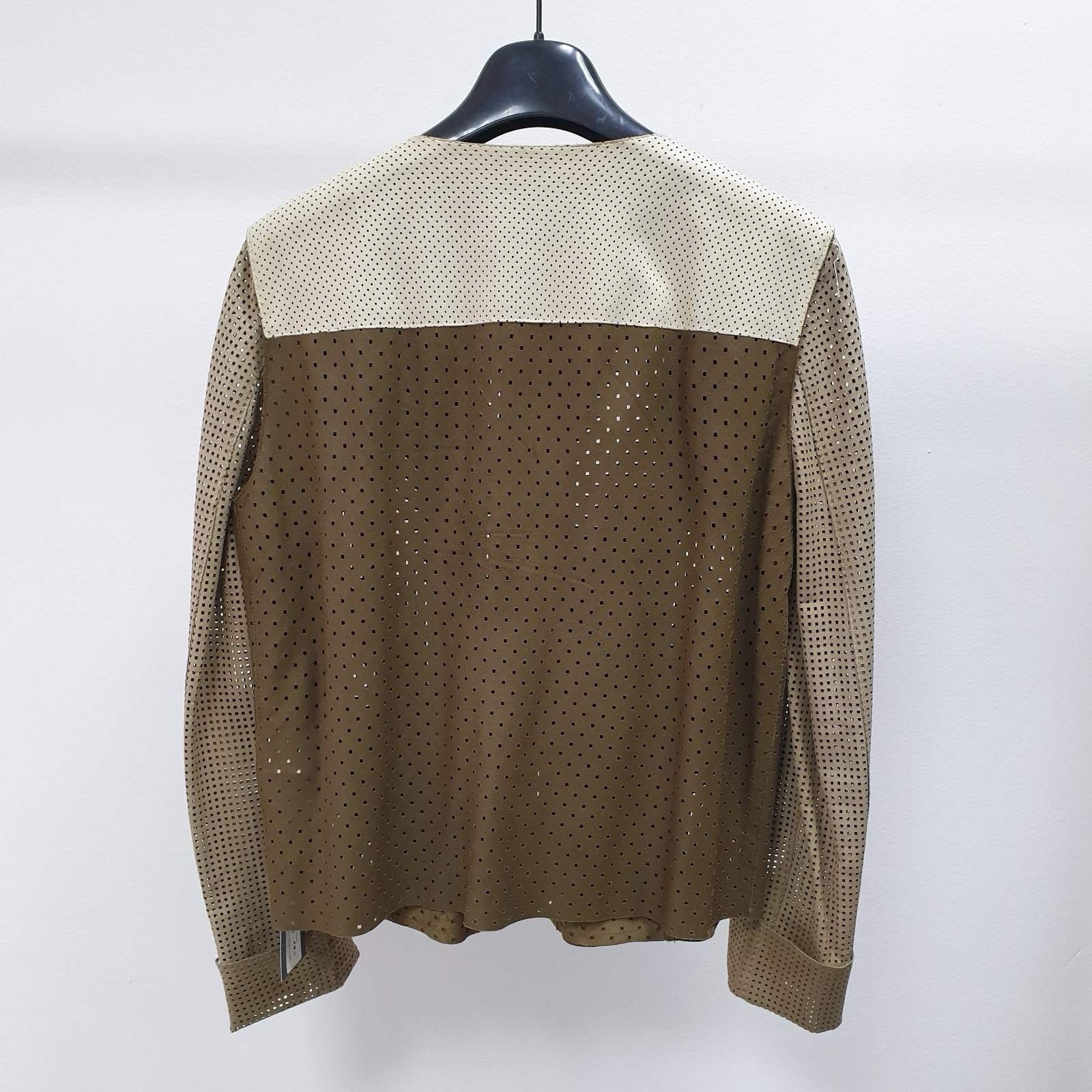 Fendi Brown Beige Ivory Perforated Leather Moto Jacket Sz.40