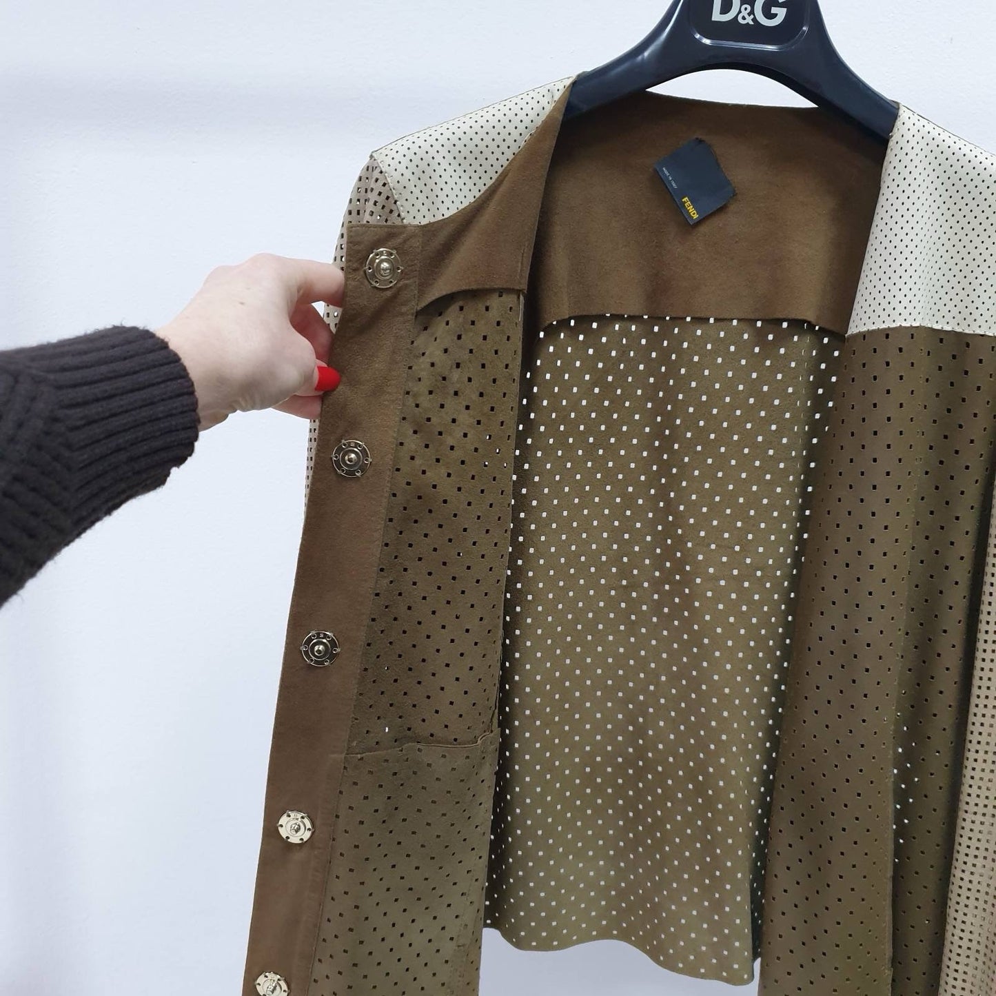 Fendi Brown Beige Ivory Perforated Leather Moto Jacket Sz.40