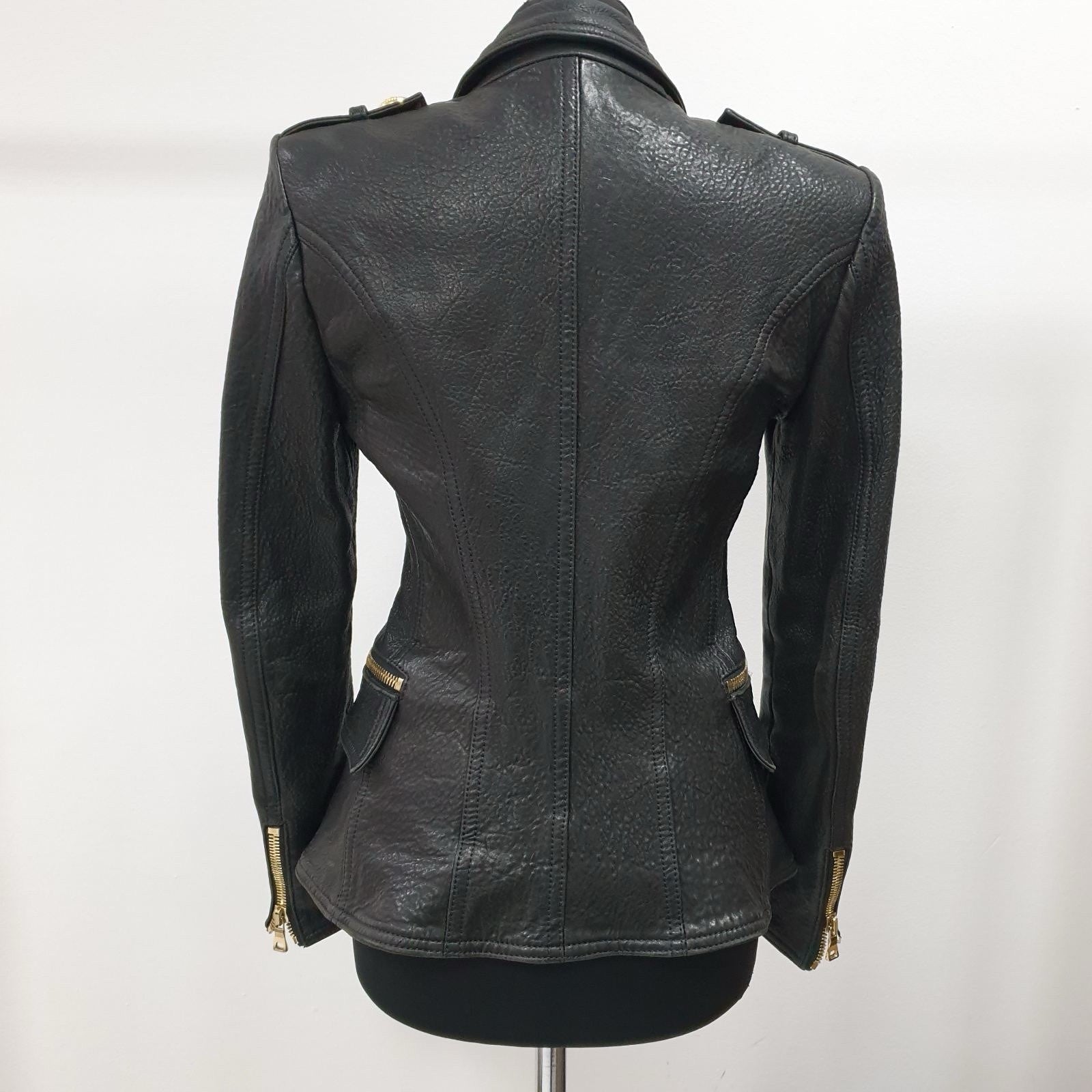 BALMAIN Black Grained Leather Double-Breasted Jacket Sz.38