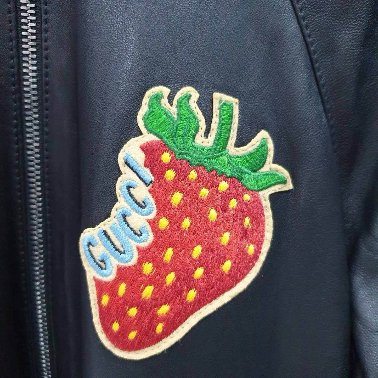Gucci Black Leather Strawberry Patch Track JacketSz.40