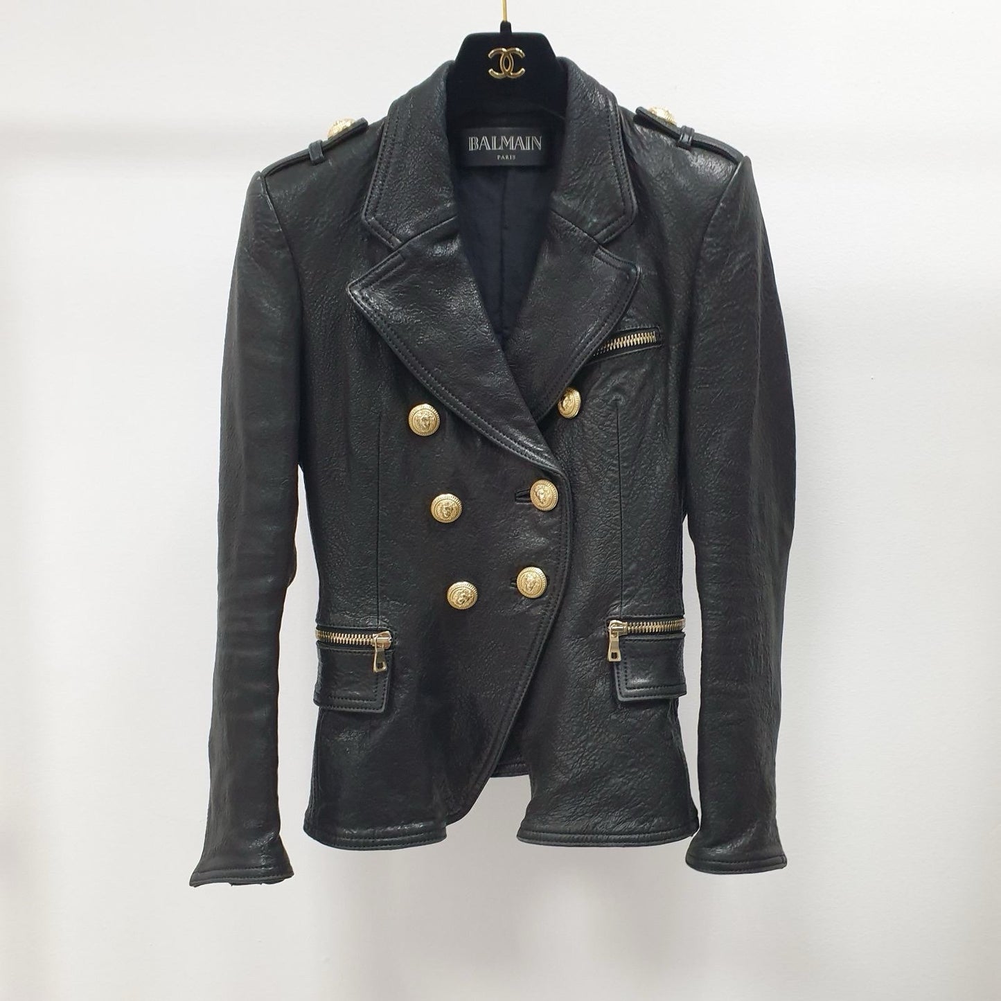 BALMAIN Black Grained Leather Double-Breasted Jacket Sz.38